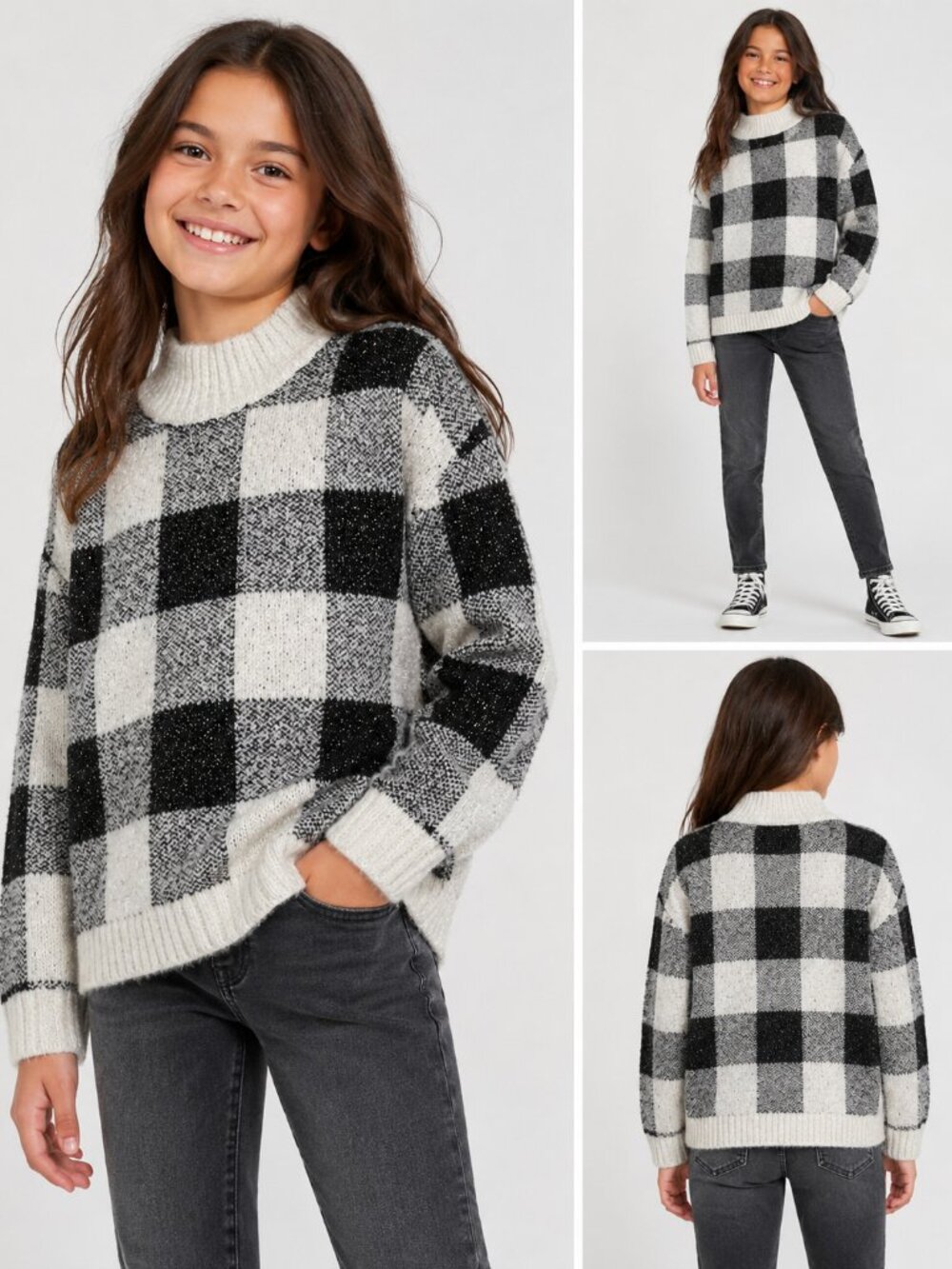 Cat & Jack Girls L 10/12 Black Gray White Buffalo Plaid Sparkle Sweater